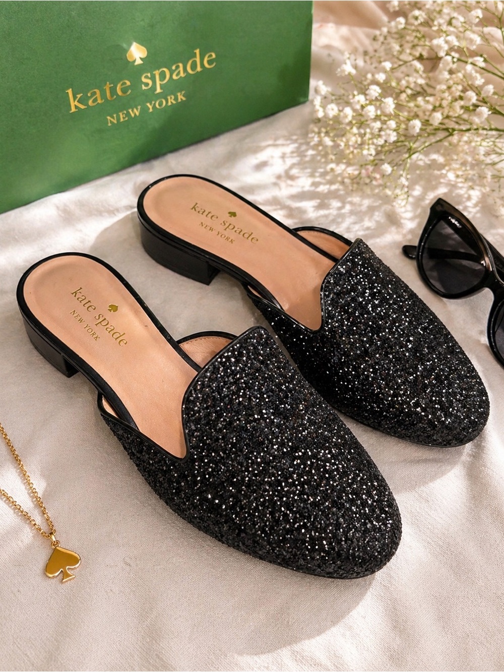 Kate Spade Black Glitter Mules – Size 6